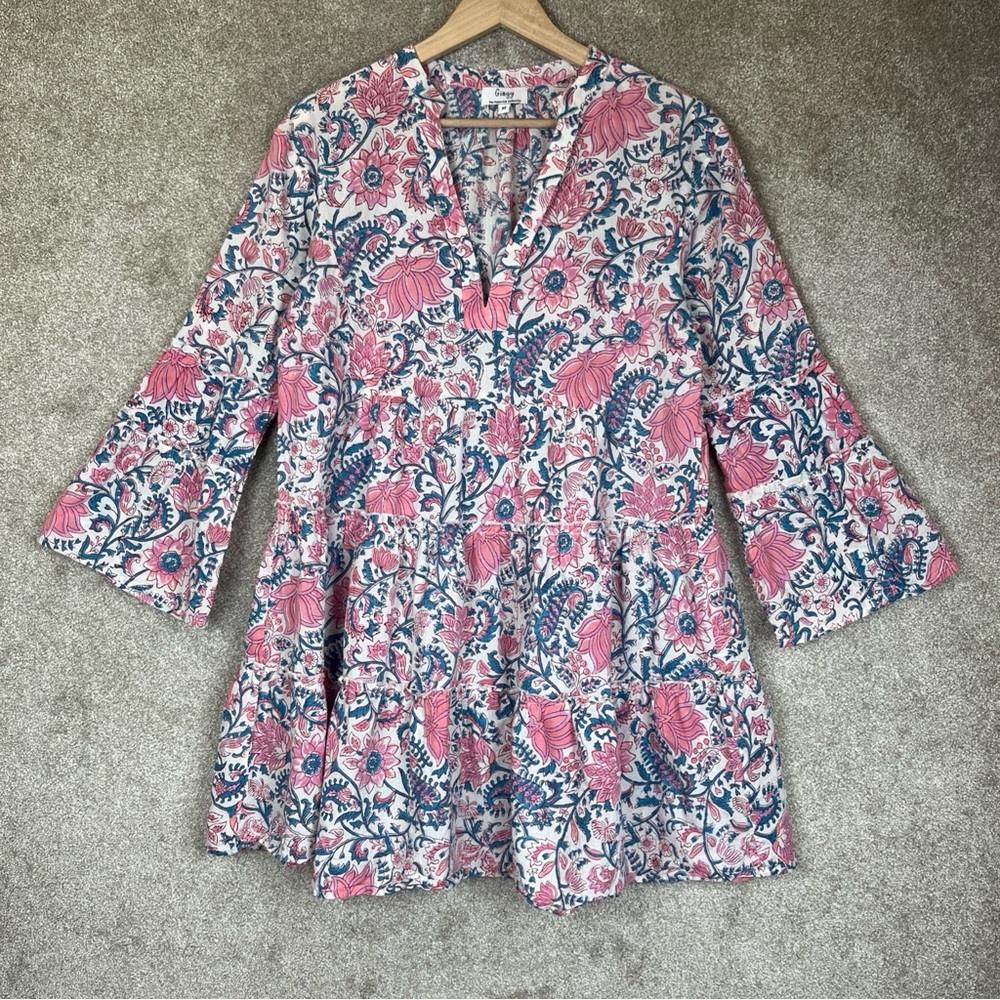 Gingy Fennerton Dress Womens Medium Pink Blue Floral Cotton Long Sleeve- 3871